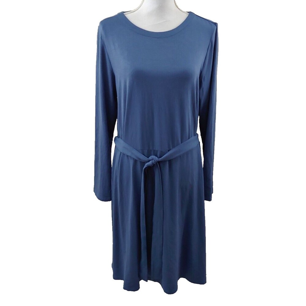 J Jill Wearever Collection Dress Large Blue Tie Waist Rayon Long Sleeve Stretch